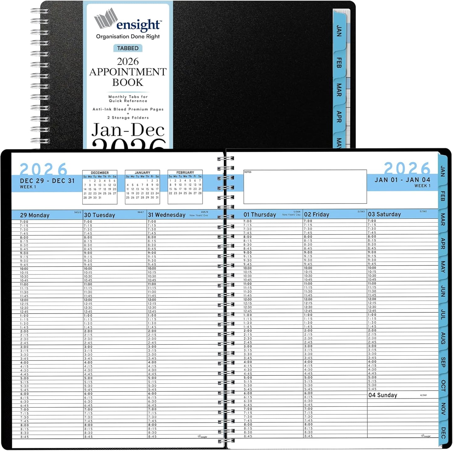 Ensight 2026 Appointment Book and Planner 8.5" x 11" Large Hourly Weekly Daily Schedule Book with Tabs, 30 Minute Time Slots, Blue Calendar Organizer Jan 2026–Dec 2026 Appointment Planner - Blue
