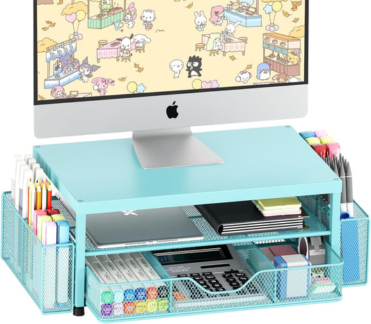 Desk Organizers and Accessories, 2-Tier Computer Monitor Stand Riser with Drawer and 2 Pen Holders, Laptop Stand, Office Desk Accessories for Office Supplies, Teal Blue