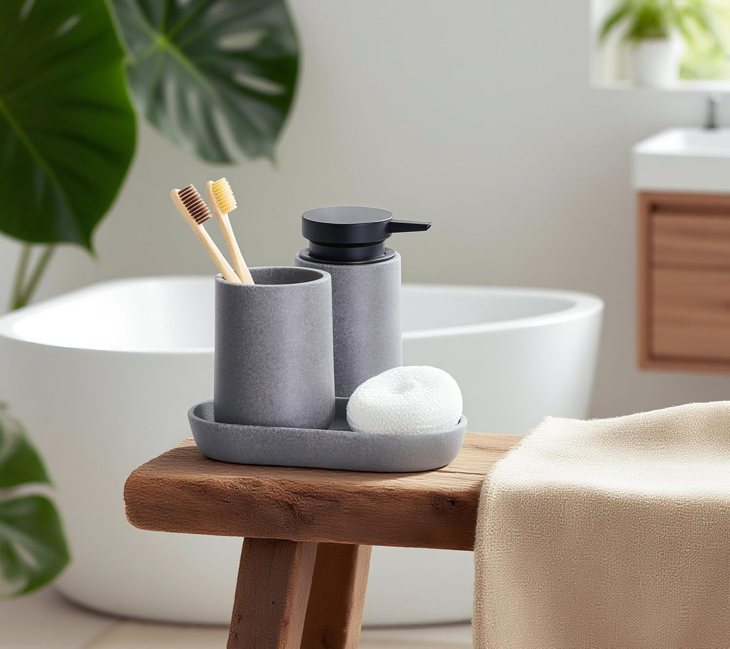 3 Pcs Bathroom Accessories Set, Liquid Soap Dispenser with Large Pump, Toothbrush Holder Cup and Soap Dish, Sandstone Texture Bathroom Counter Set for Modern Home (Gray)