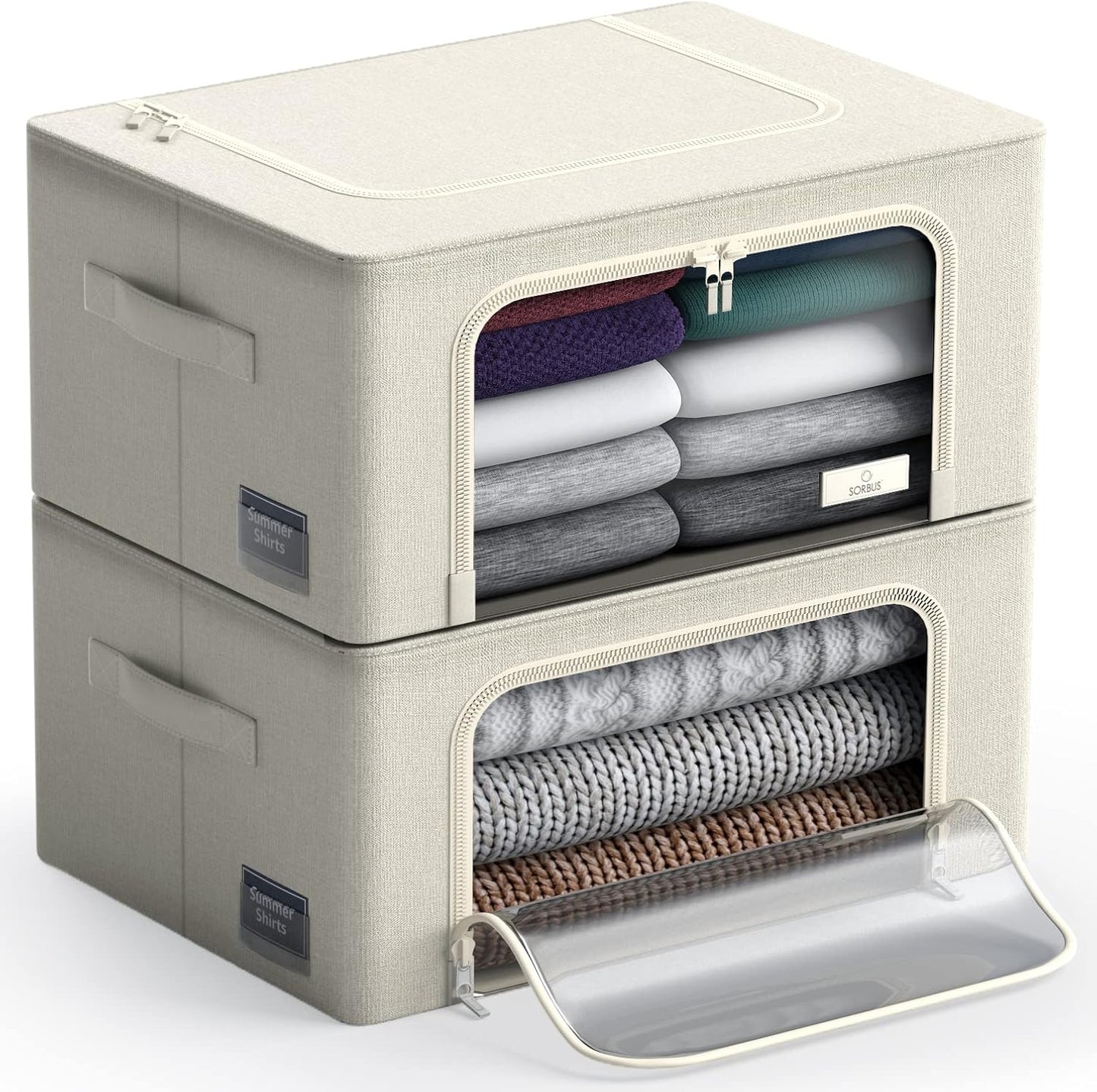 Sorbus Storage Bins with Metal Frame - Stackable & Foldable Clothes Organizer Bags - Oxford Fabric Storage Containers with Large Clear Window & Carry Handles, Bedroom Organization for Bedding & Linen
