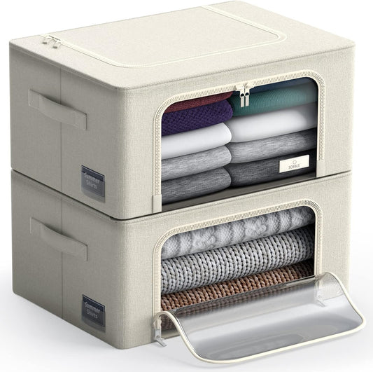 Sorbus Storage Bins with Metal Frame - Stackable & Foldable Clothes Organizer Bags - Oxford Fabric Storage Containers with Large Clear Window & Carry Handles, Bedroom Organization for Bedding & Linen