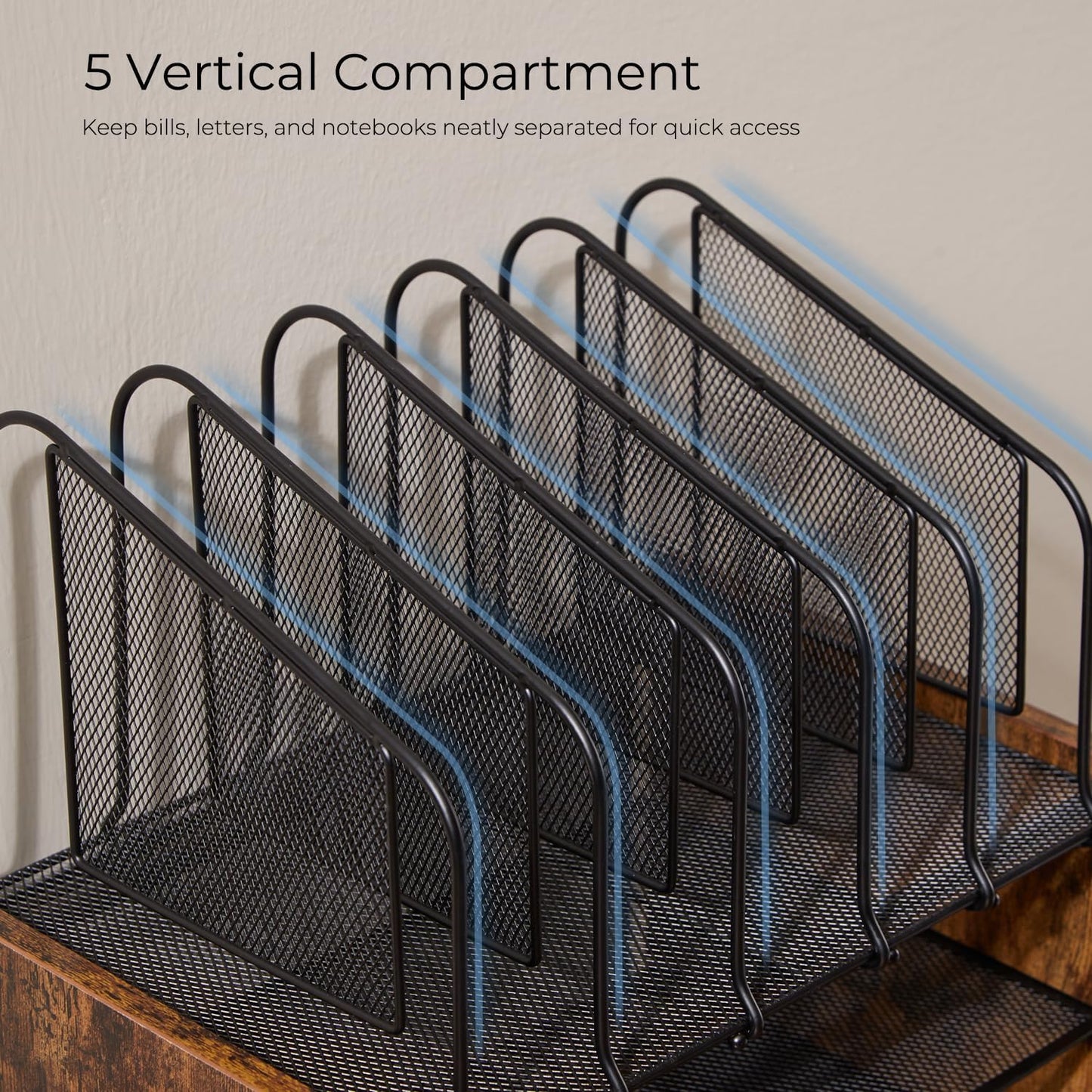 Y YOMA Mesh Desk Organizer with Drawer, 4-Tier Wood Desktop Organizer with 5 Vertical File Holders and 2 Pen Holders Office Desk Accessories for Home Dorm Classroom