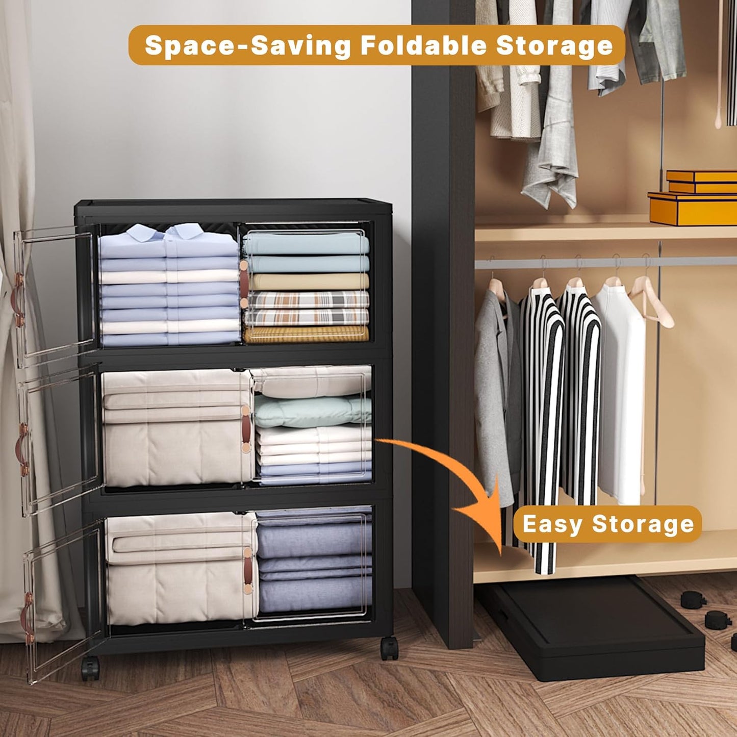 Extra Large Stackable Storage Bins with Lids & Wheels & Door, 672QT-112QT/28GAL*6Pack Foldable Collapsible Closet Organizers, Plastic containers drawers for bedroom Dorm