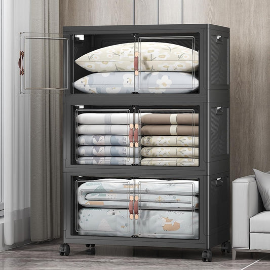 Extra Large Stackable Storage Bins with Lids & Wheels & Door, 480QT-160QT/40GAL*3Pack Foldable Collapsible Closet Organizers, Plastic containers drawers for bedroom Dorm