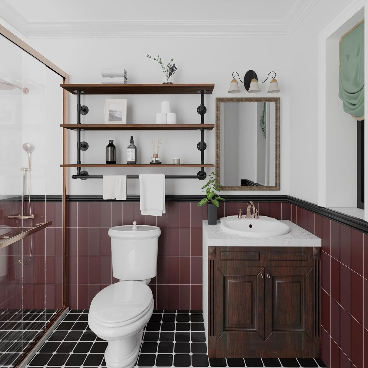 Clothes Shelves 48in, 3-Tier Wall Mounted Garment Rack with Real Walnut Wood Shelf, Heavy Duty Hanging Clothes Rack, Multi-Purpose Hanging Rod, Space-Saving Closet Storage