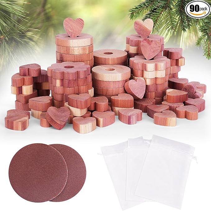 Woodever 90 Pack Cedar Blocks for Clothes Storage, 100% Natural Aromatic Cedar Rings for Wardrobes and Drawers, 20 Rings 20 Garlands and 50 Hearts, with Sandpaper and Sachets