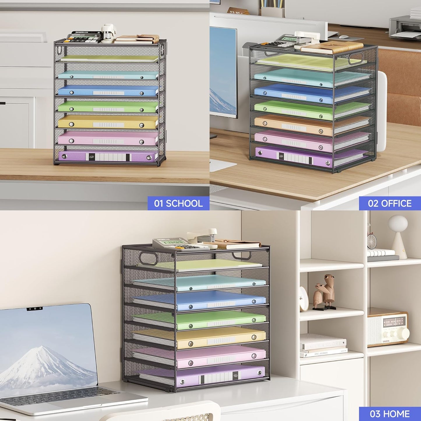 8-Tier Paper Organizer with Handle, Metal Mesh Desk Organizer File Folder Paper Letter Tray Desktop Document Sorter for Office, Home or School (Grey-2 Pcs)