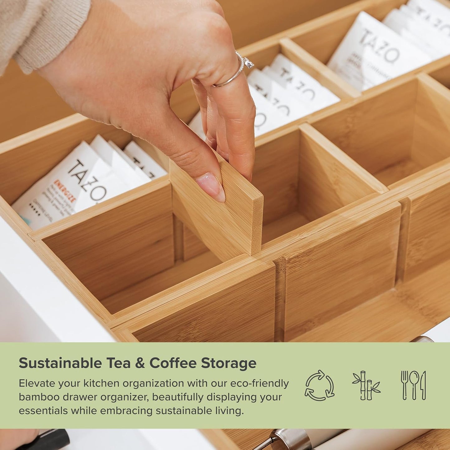KitchenEdge Premium Tea Bags and Coffee Pods Drawer Organizer – Small 9-Compartment Design with Removable Wall Inserts, Non-Slip Feet, 100% Sustainable Bamboo