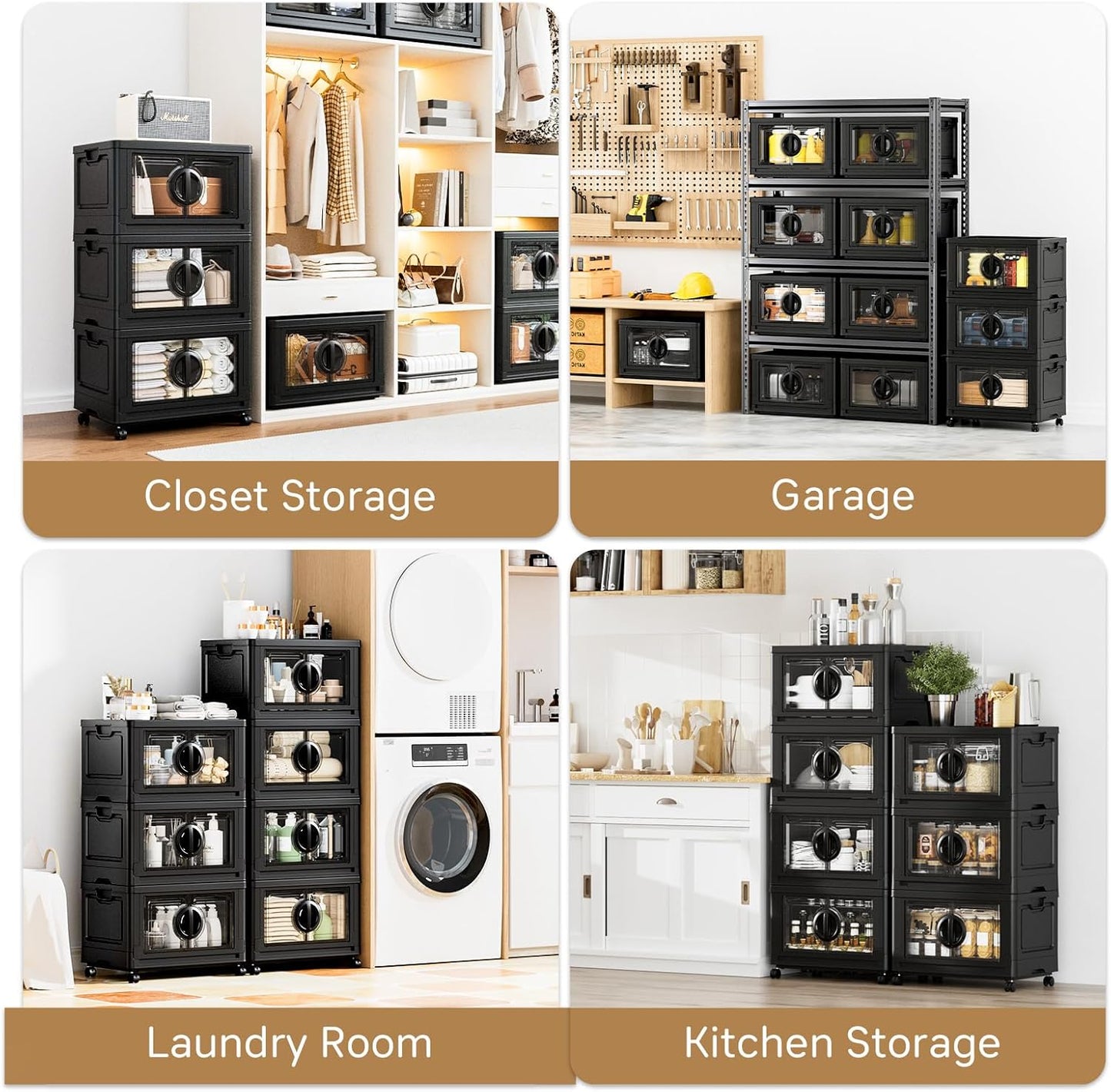 JEKO&JEKO 581Qt Lockable Stackable Storage Bins with Lids, Collapsible Closet Organizer with Wheels, Plastic Cabinet Drawer for Clothes, Dorm Room 7 Pack (Black)