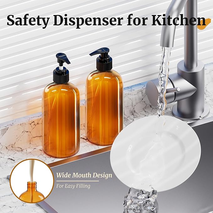 PrettyCare Set of 2 16oz Amber Glass Bottles with Black Pumps - Leak-Proof, Refillable Empty Dispenser for Shampoo, Conditioner & Thick Liquids - with Waterproof Labels