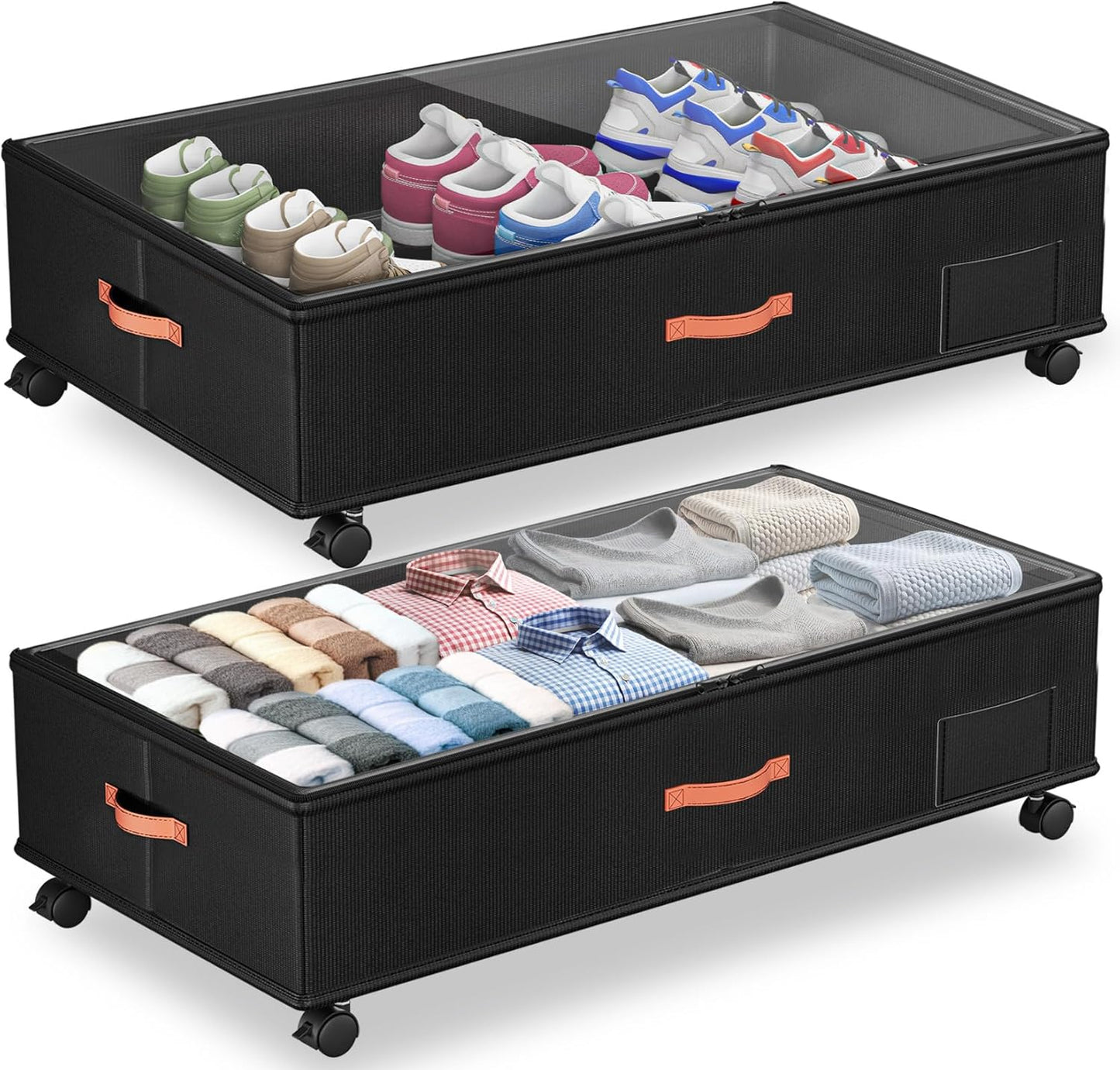 Under Bed Storage with Wheels,2-Pack Under Bed Storage Containers with Clear Lids,XXL Large Under the Bed Storage Organizer Bins With Handles,Space Saving Design for Clothes,Shoes,Books-Black