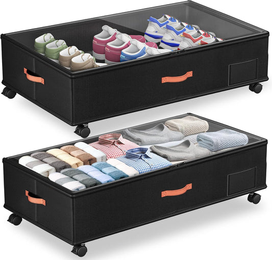 Under Bed Storage with Wheels,2-Pack Under Bed Storage Containers with Clear Lids,XXL Large Under the Bed Storage Organizer Bins With Handles,Space Saving Design for Clothes,Shoes,Books-Black