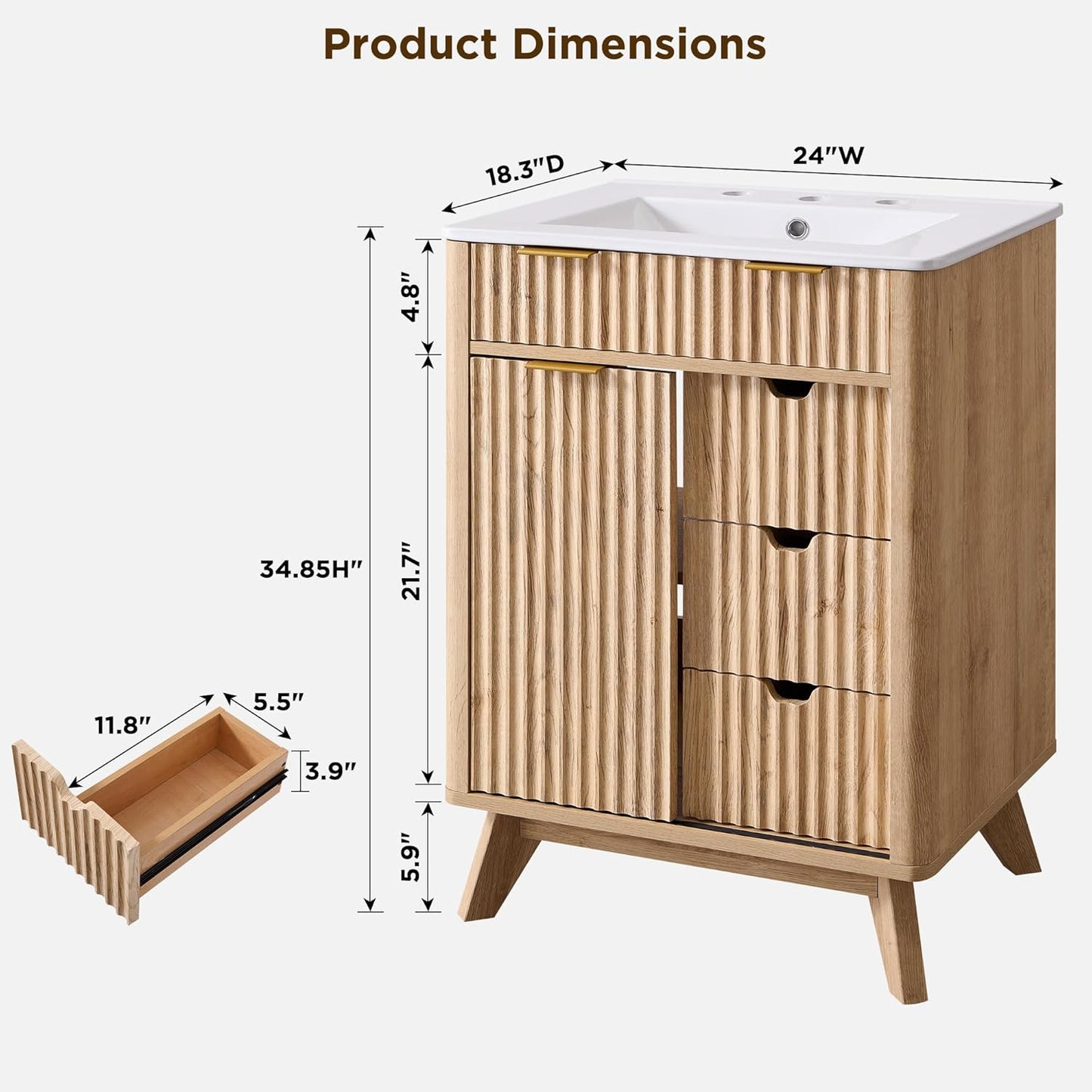 T4TREAM 24" Fluted Bathroom Vanity with Ceramic Sink Combo，Freestanding Small Modern Bathroom Storage Vanity Cabinet with Sliding Door & 3 Drawer，Wood Grain Texture，Metal Handle，Natural Oak