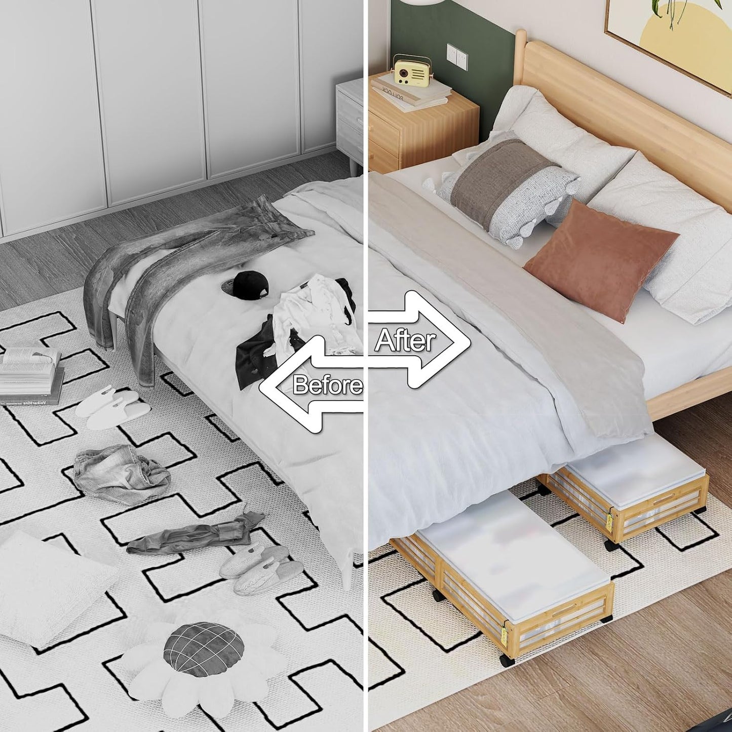 Bamboo Underbed Storage Containers with Wheels & Bag 2 Pack, Large Under Bed Rolling Storage Bins Wood Under Bed Clothes Storage Stackable Drawers for Bedroom Closet Under Crib Toy(Natural)