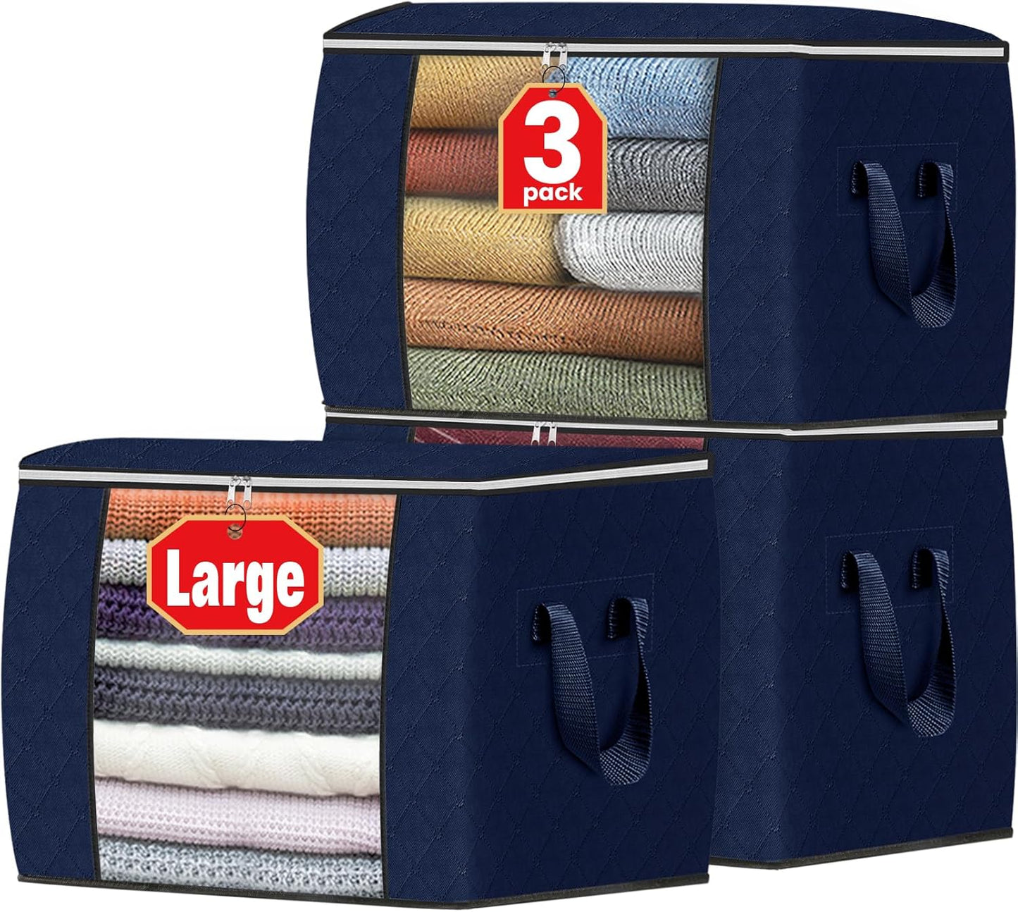 Fab totes 24 Gallons Clothes Storage, Foldable Thick Fabric Blanket Storage Bags, Containers for Organizing Bedroom, Closet, Clothing, Comforter, Organization with Handle (3 Pack,Blue)