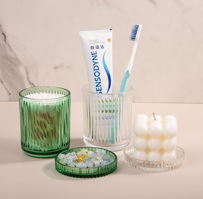 2 Pack Glass Qtip Holder Dispenser Set - Bathroom Organizer for Cotton Swabs, Balls, Pads, Floss Picks - Clear Apothecary Jars for Vanity, Makeup Storage, Bathroom Accessories Decor (Gray&Black)