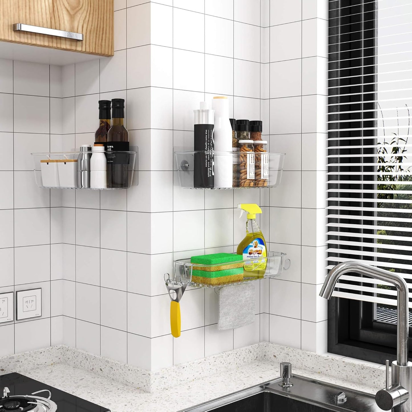 TZAMLI Clear Shower Caddy, Adhesive Shower Organizer Rustproof Shower Shelf with Razor Holder and Hook, Shower Rack for Bathroom Storage, 3 Pack