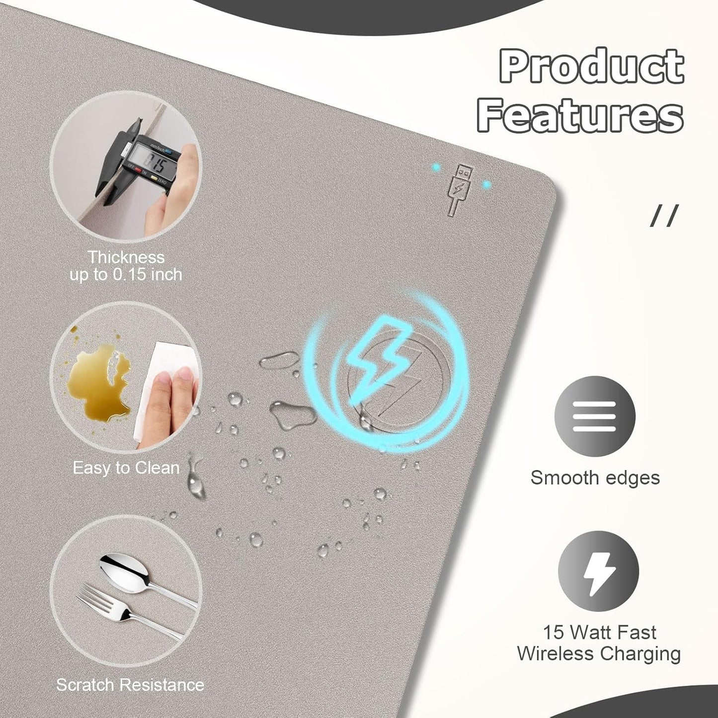 Wireless Charging Mouse Pad Firelison 2 in 1 Leather Multifunctional Office Desk Pad with Non-Slip Rubber Base, Waterproof Desk pad for Computers/Office/Work/Home/Decor（ 32" x 16"Grey - R）