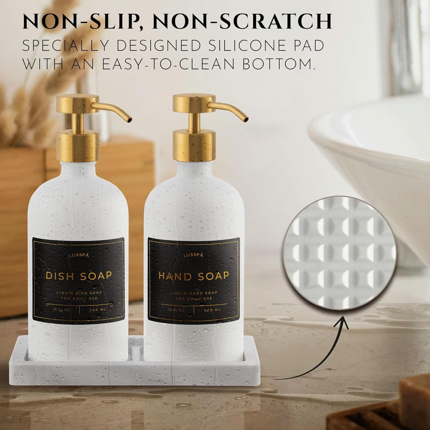 Lotion, Hand & Dish Soap Dispenser for Kitchen Sink - Bathroom Soap Dispenser Set of 2 16.8 Oz Glass Bottles with Stainless Steel Pump, 15 Water Proof Labels & Silicon Tray (White/Gold)