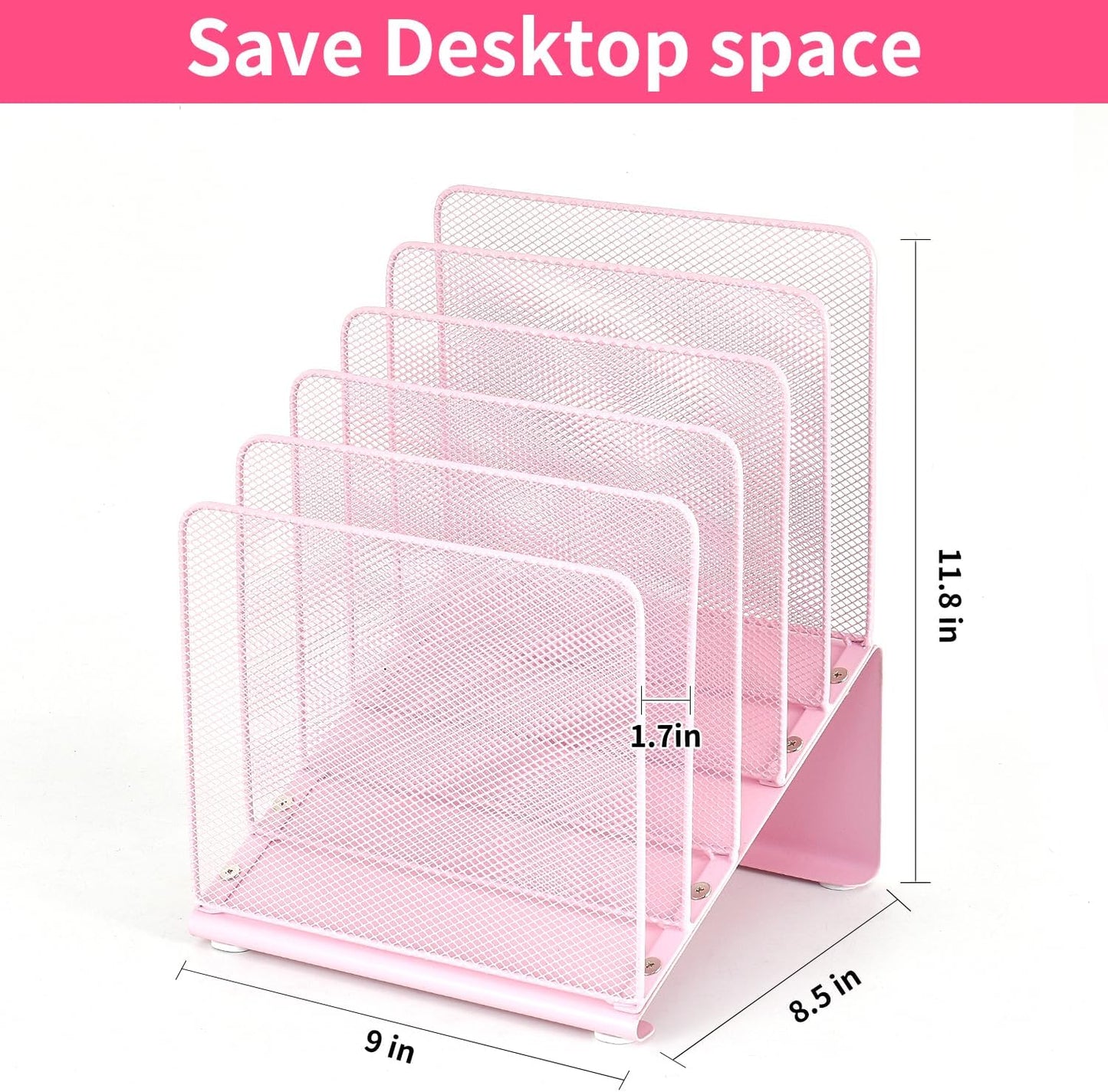File Organizer for Desk, Desk Organizer with 5-Section Vertical File Rack, File Folder Organizer, Desk Accessories & Workspace Organizers (Pink)