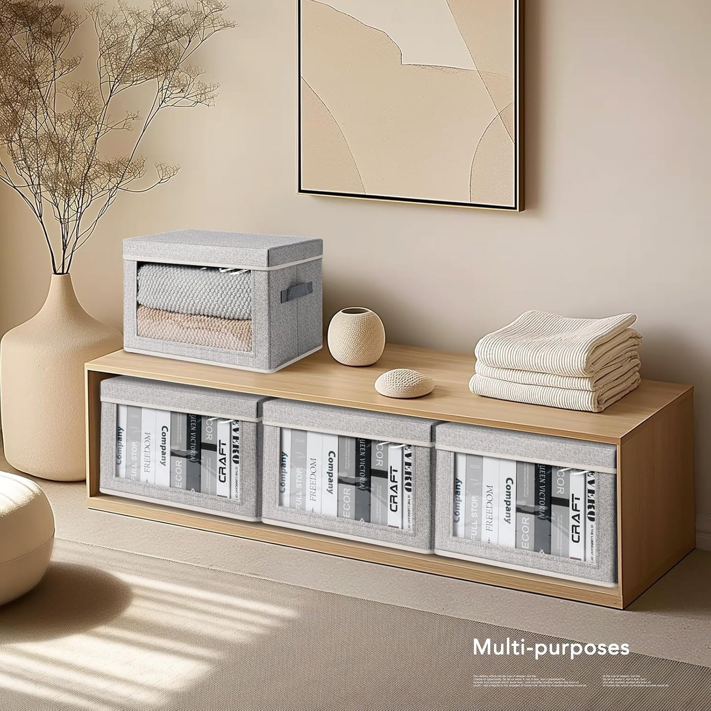 Storage Boxes with Lids - 3 Pack Fabric Clear Window Storage Bins, Collapsible Storage Bins with Lids, Linen Closet Organizer for Clothes, Towel, Blanket, Light Grey