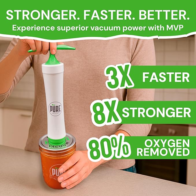 PURE MVP Mason Jar Vacuum Sealer Kit | 3X Faster & 8X the Vacuum of Electric | Premium Handheld High-Suction Vacuum Sealer for Jars | Perfect Seal for Juice, Smoothies, Food for Maximum Freshness