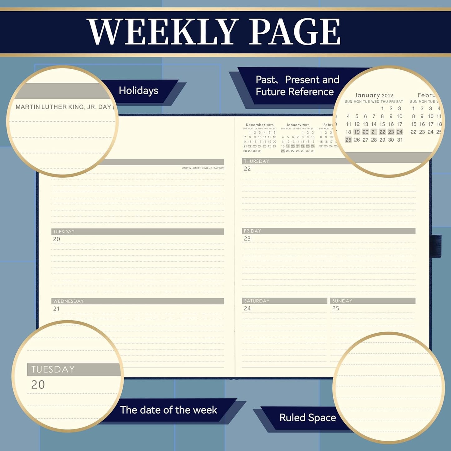 2026 Planner - Planner 2026, Leather Calendar Weekly and Monthly, 9"x11", Jan 2026 - Dec 2026, Leather Hardcover, Pen Loop, Elastic Closure, Pocket - Navy