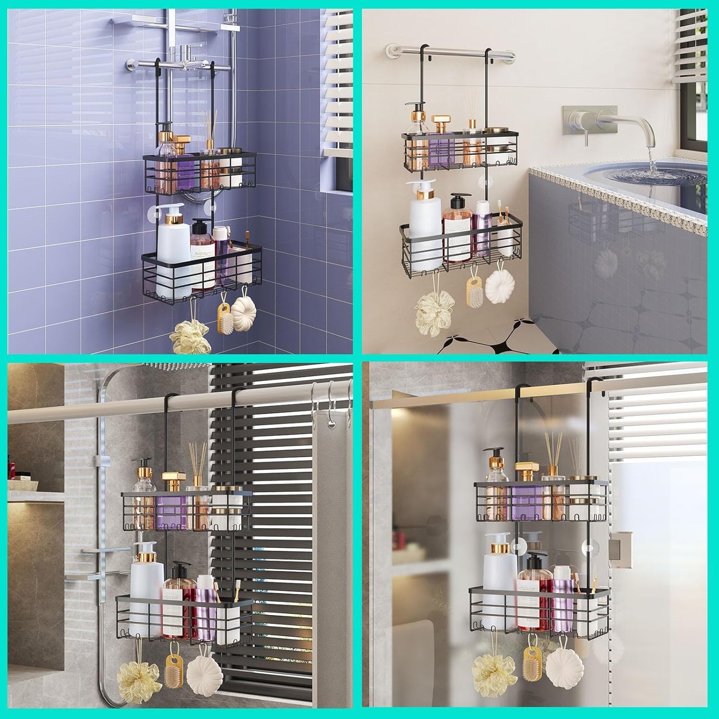 HapiRm Hanging Shower Caddy Organizer - No Drilling Shower Organizer with Hooks, Rustproof & Waterproof 304 Stainless Steel Bathroom Shelves - Black