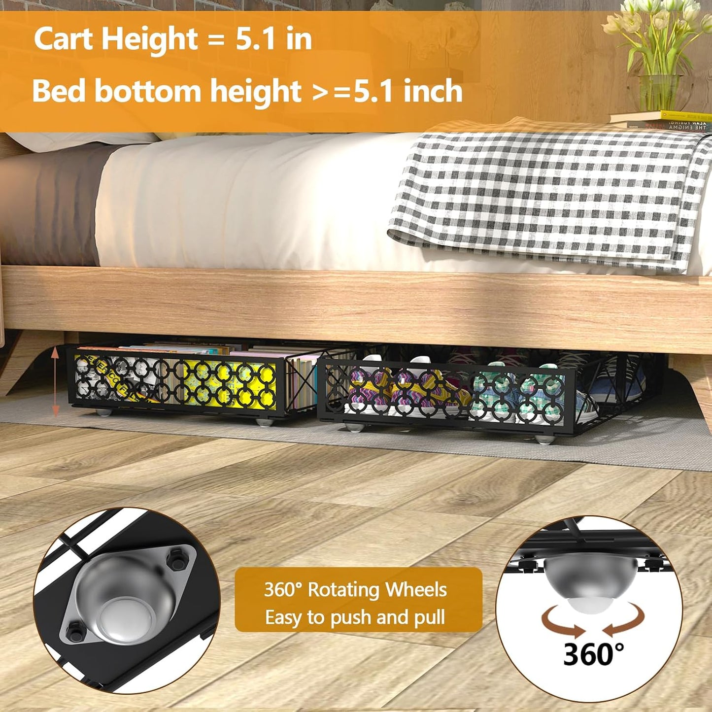 NADAMOO Low Profile Under Bed Storage with Wheels, 4 Pack Rolling Storage Containers, Foldable Metal Organizer Bins