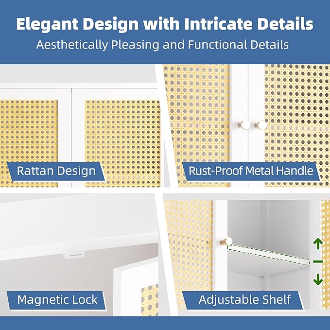 HITNET Bathroom Wall Cabinet, Rattan Medicine Cabinet, Bamboo Hanging Storage Organizer Over The Toilet with Adjustable Shelf for Living Room, Kitchen, Hallway(White)