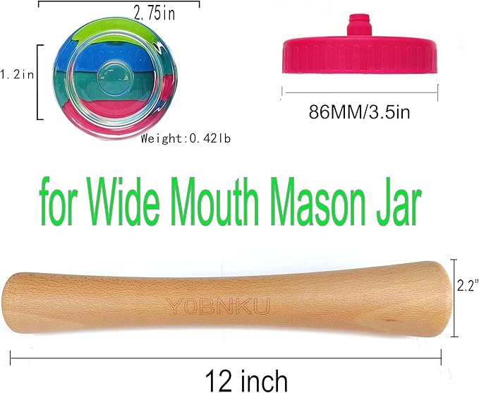 Complete Mason Jar Fermentation Kit with Pounder, 4 Glass Weight and 4 Fermenter lids Sauerkraut Caps Pickle Pipes Fermenting Food Tool for Wide Mouth Mason Jars-Jars Not Included (Have pounder)