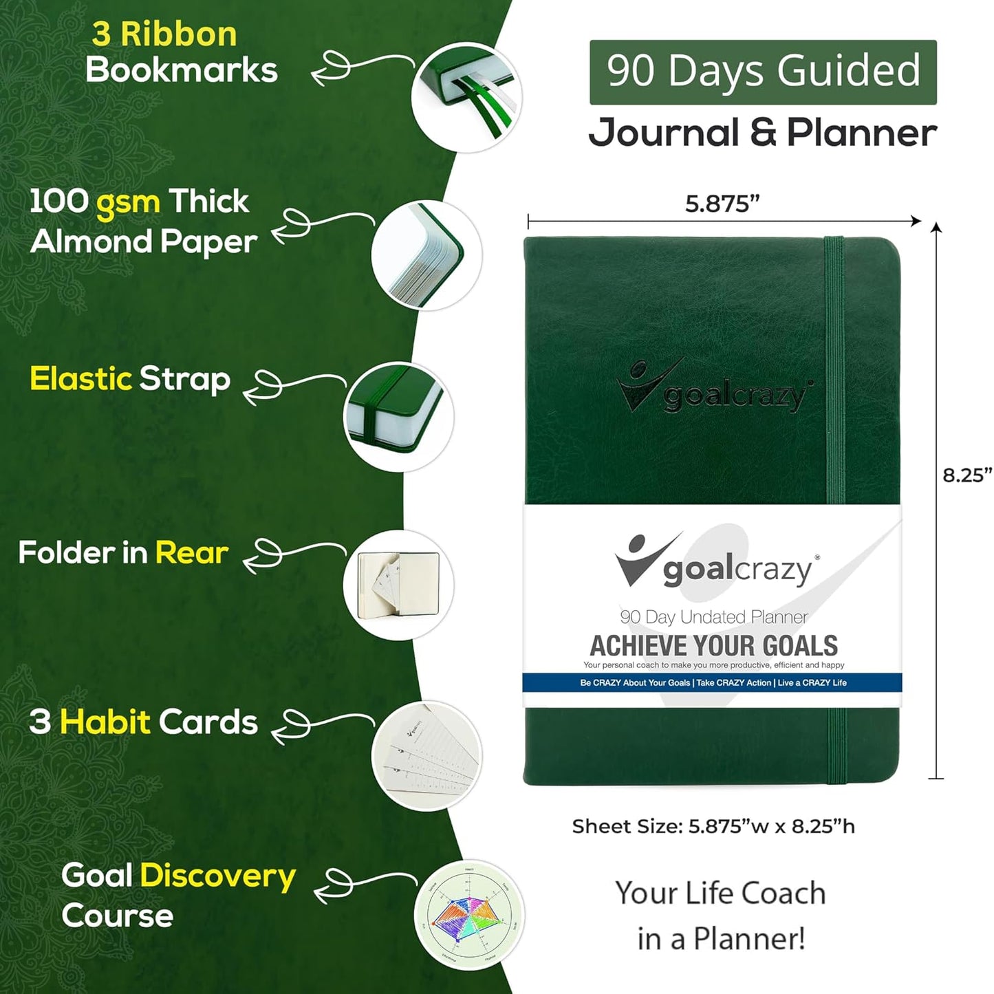 Undated Daily Planner to Achieve Your Goals 2025-2026 - 90 Day Guided Journal & Productivity Organizer with Goal Setting, Habit Tracker, To Do List, Academic & Work Calendar, Leather Hardcover - Forest Green