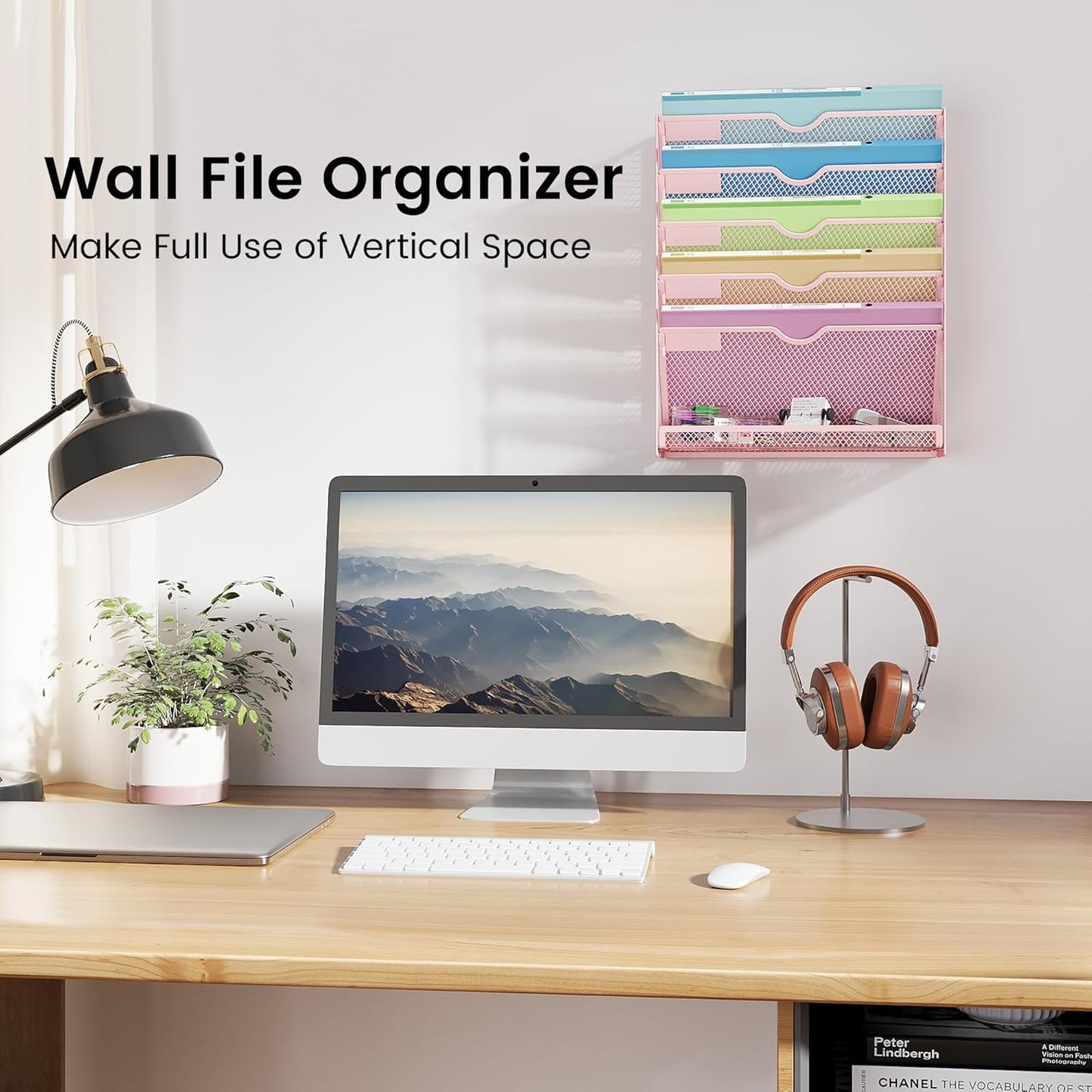 Hanging Wall File Organizer for Wall Mounted Mail Paper Folder Holder Document Organization Stand Desk File Organizer Tray for Office & Home Cubicle Countertop 6 Tier Pink