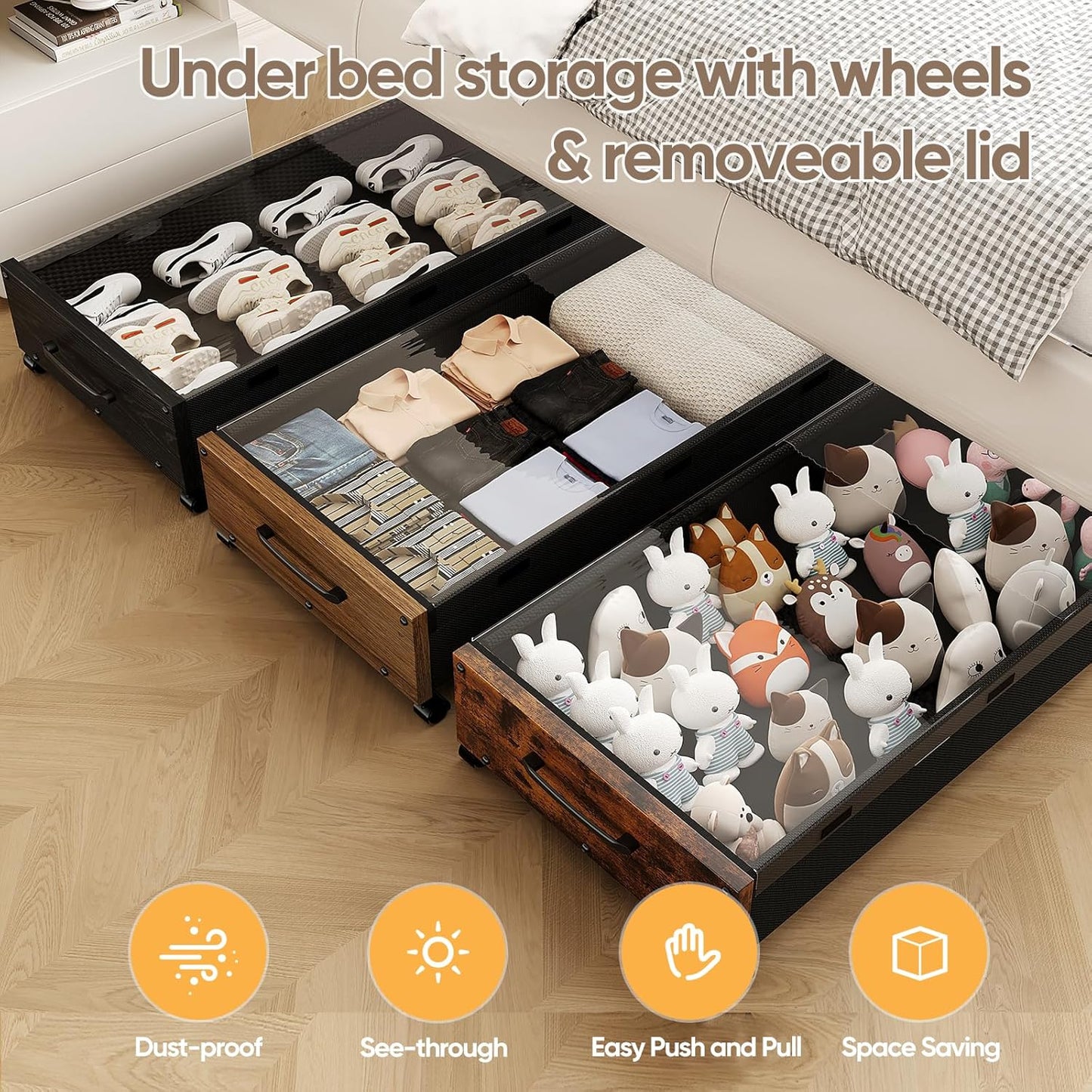 KITHELP Wooden Under Bed Storage with Wheels, 80L Extra-large Rolling Under the Bed Storage Bins 2 Pack with Removable Lid, Upgrade Metal Under Bed Drawers for Clothes Shoes Blankets in Bedroom