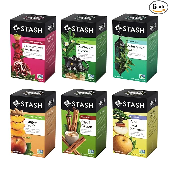 STASH Green Tea Variety Pack – Caffeinated, 6 Boxes of 18-20 Tea Bags Each – Pomegranate Raspberry, Premium Green, Moroccan Mint, Ginger Peach, Chai Green & Asian Pear Harmony