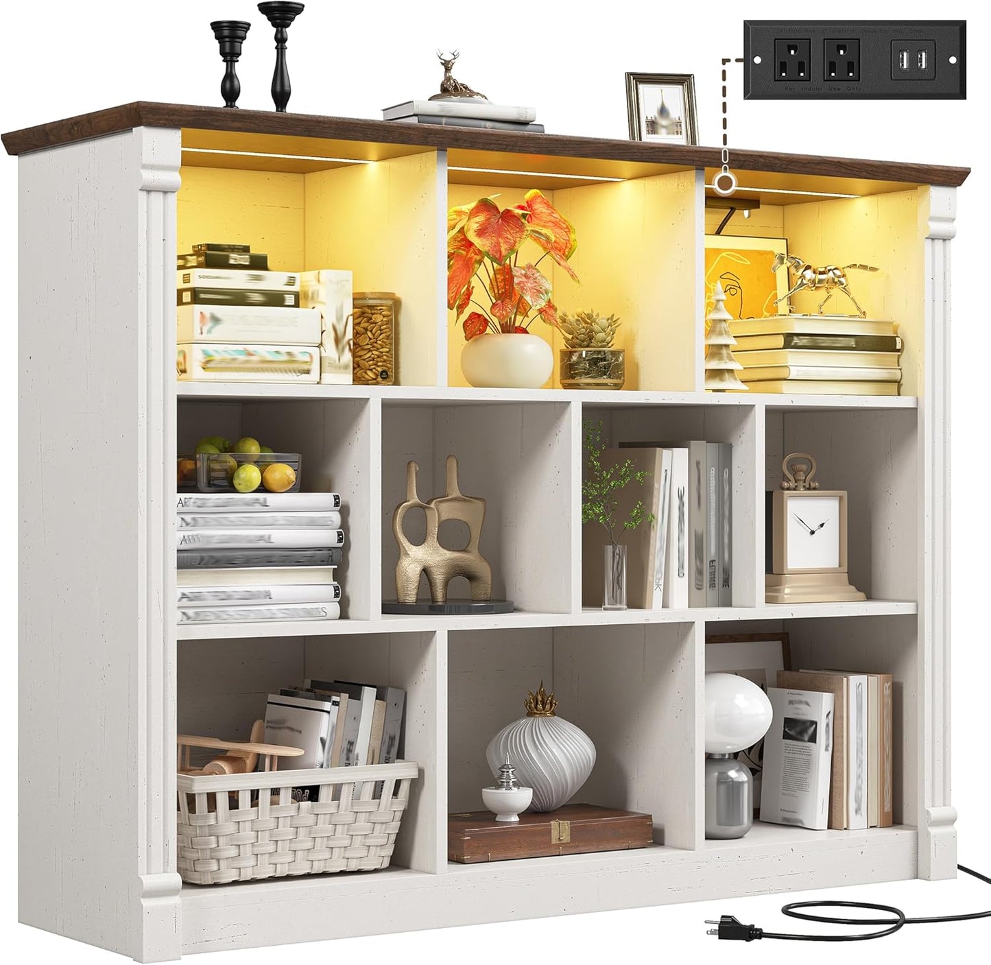 EnHomee 10 Cube Storage Organizer with LED Light and Charging Station Wood Cube Shelf White Bookshelf for Bedroom Living Room,Office,White