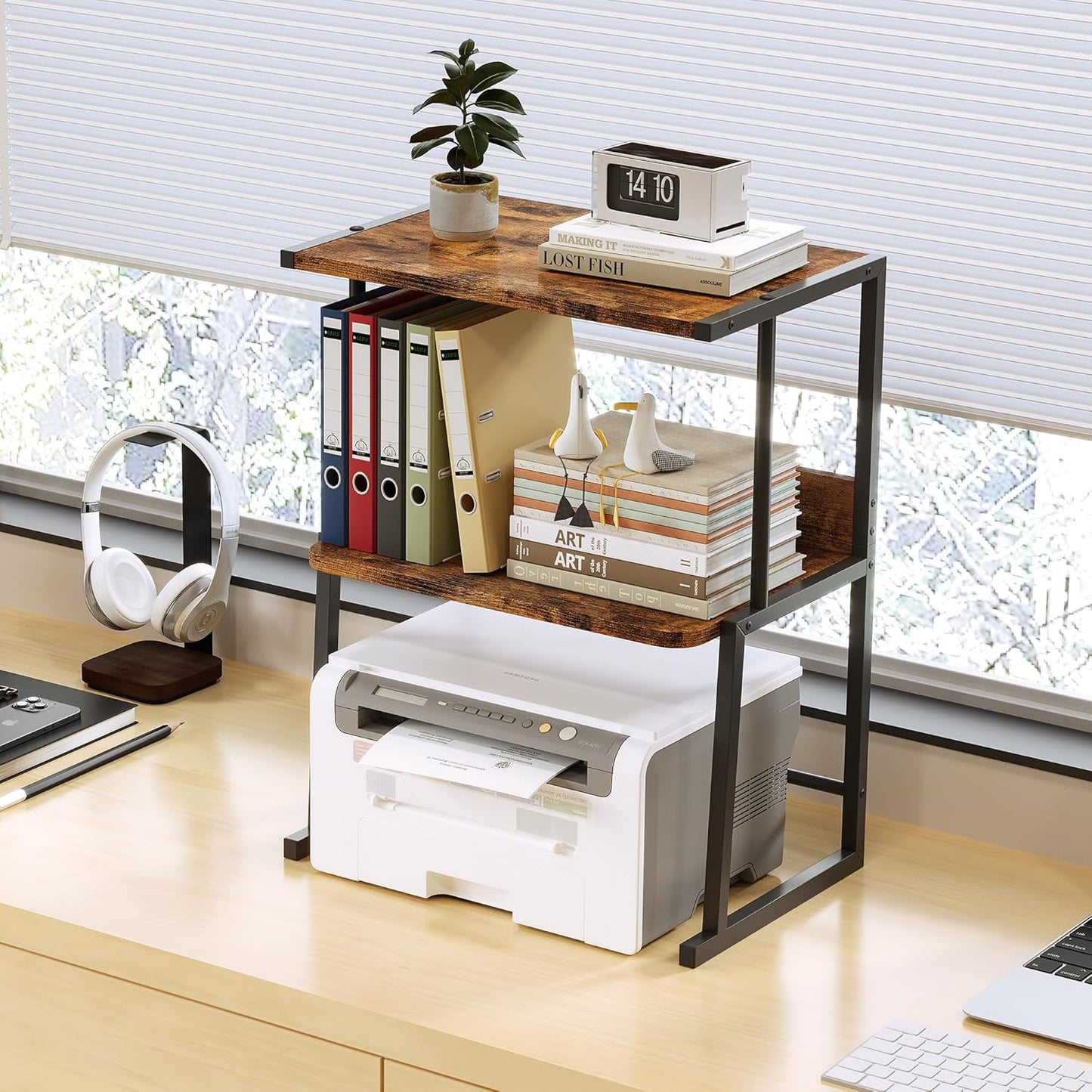 Homeiju Printer Stand for Desk with Storage, 3-Tier Shelves Organizer with Wood Top, Heavy Duty Metal Frame for Home Office, Holds Printer, Books, Supplies, Rustic Brown