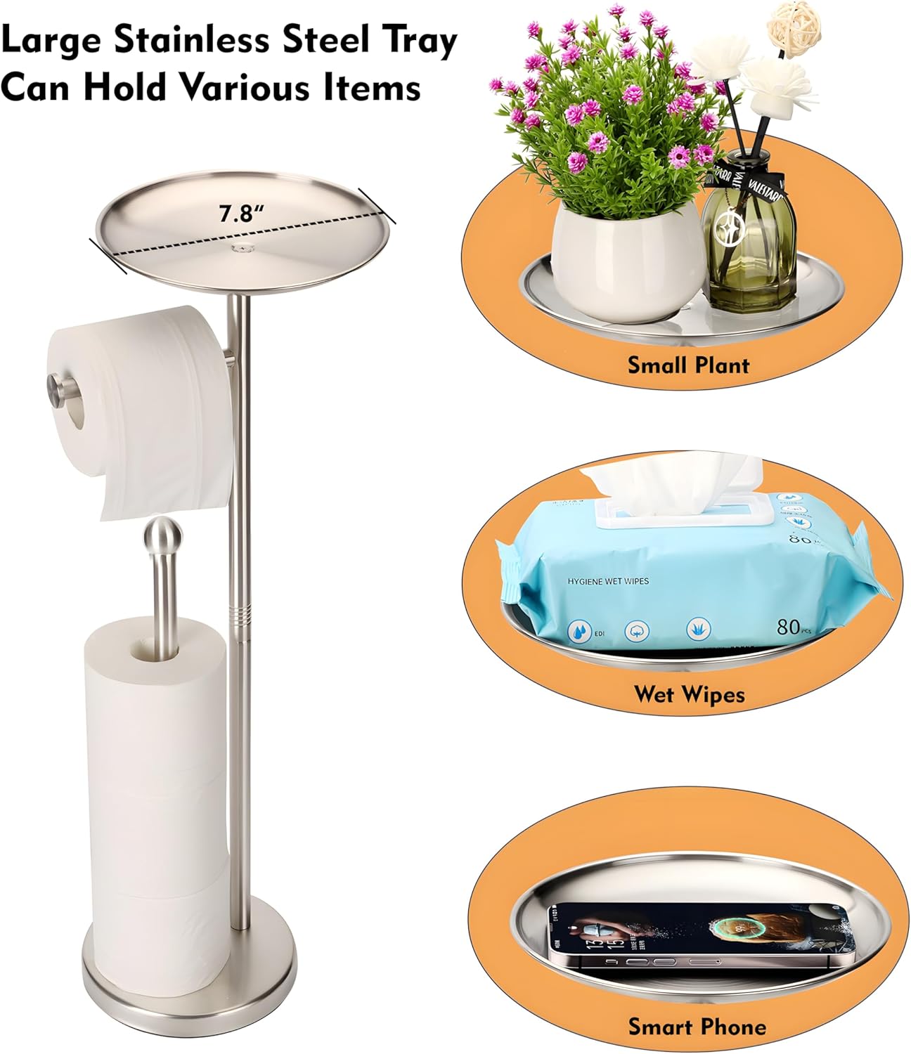 Noonext Toilet Paper Holder with Stainless Steel Tray at The Top for Bathroom, Heavy Base No Tipping Over (Stainless Steel, Brushed Nickel)