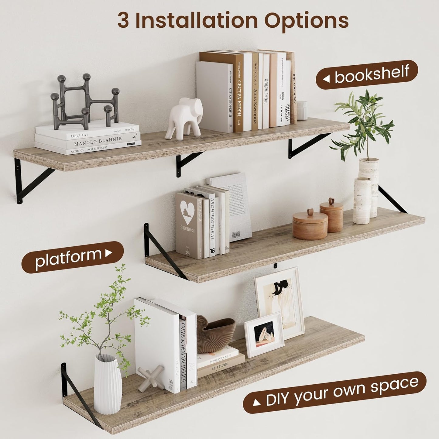 Axeman 12 Inch Deep Floating Shelves for Wall - 48 Inch Wide x 12 Inch Deep Wall Shelves Set of 2 - Rustic Grey Wood Floating Shelves for Living Room