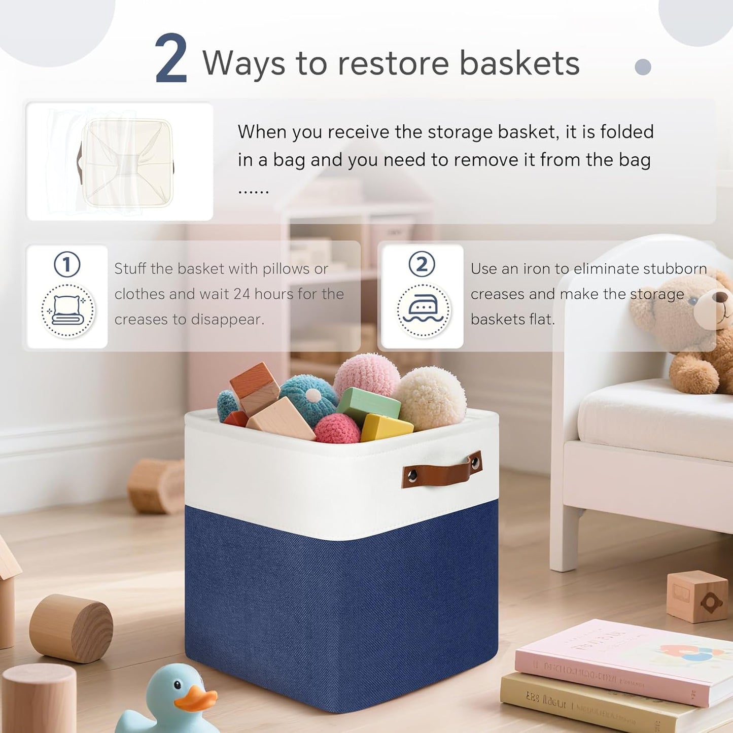 Cube Storage Baskets 6 Pack, 11x11 inch Foldable Cube Storage Bins with Leather Handles for Shelf Closet Nursery Toys (White/ Blue)