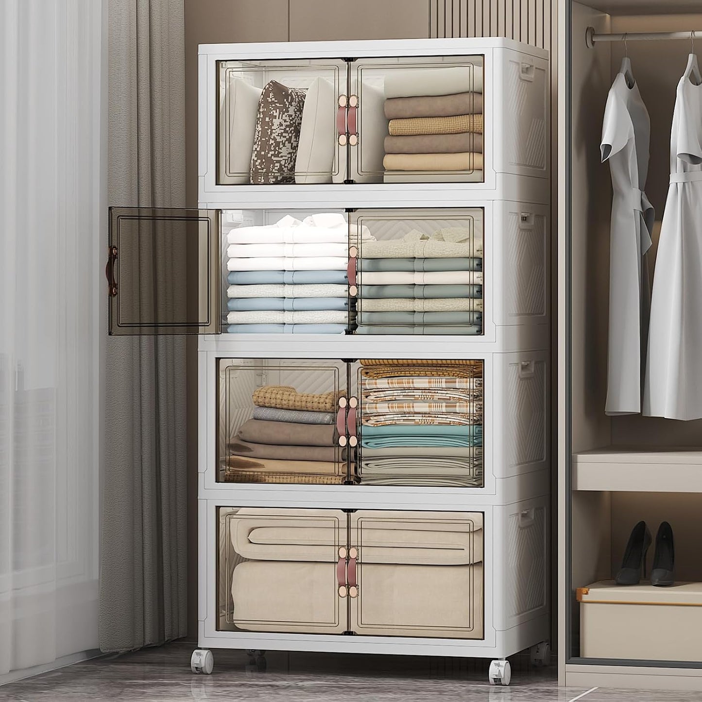 Extra Large Stackable Storage Bins with Lids & Wheels & Door, 448QT-112QT/28GAL*4Pack Foldable Collapsible Closet Organizers, Plastic containers drawers for bedroom Dorm