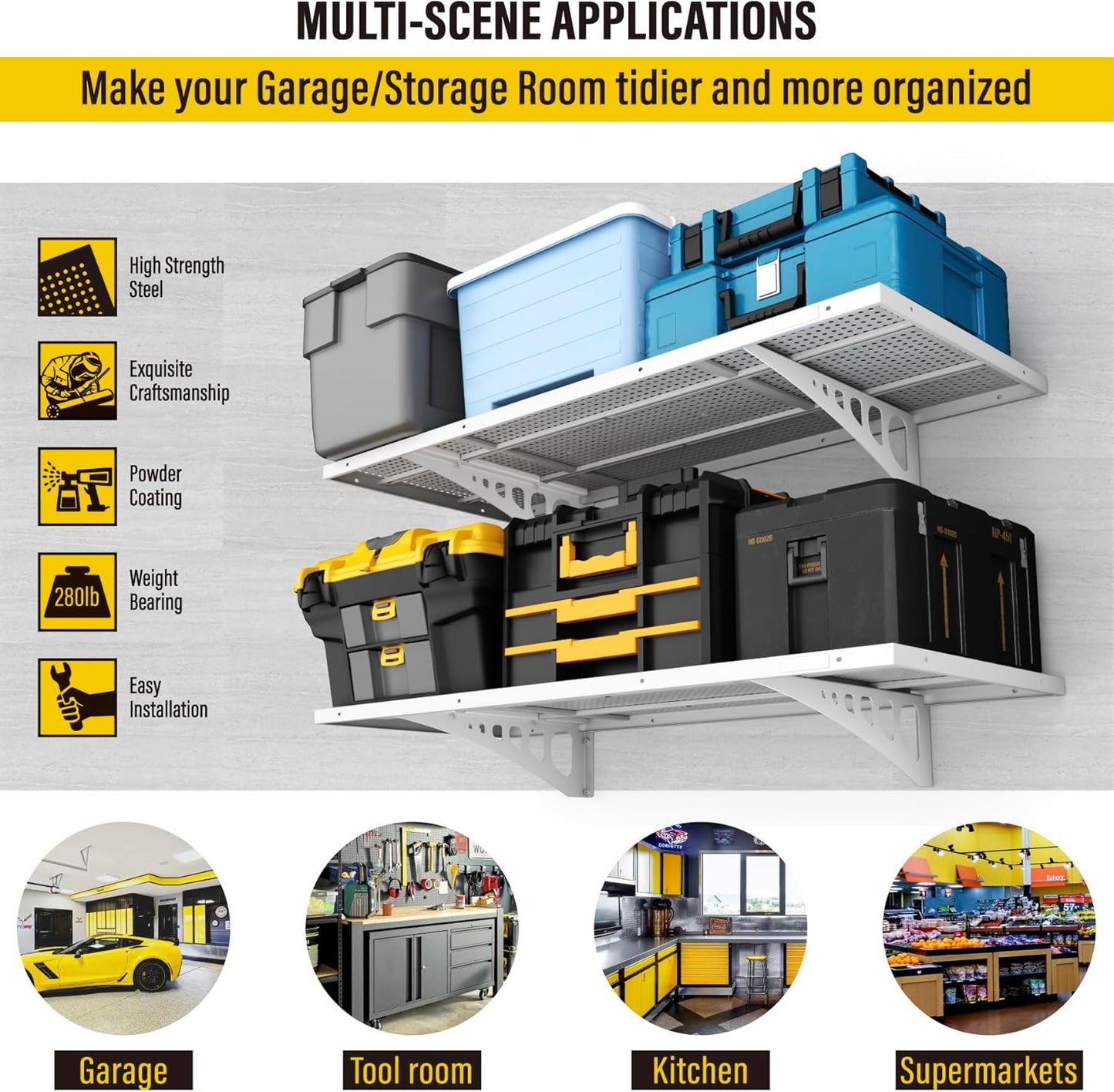 2-Pack 1.64x4ft Adjustable Garage Wall Shelving 560lbs Load Capacity Heavy Duty Wall Mounted Storage Shelf Metal Floating Shelves for Garage(White)