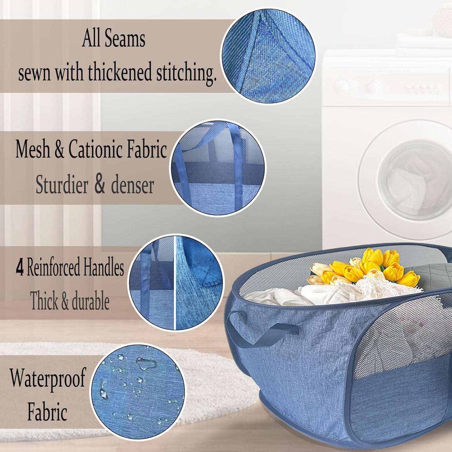 100L Collapsible Laundry Baskets 2 Pack, Extra Large Mesh Pop Up Laundry Hamper, Dirty Clothes Hamper with Reinforced Handles, Folding Hampers for Travel. Dorm or Home Portable Laundry Baskets. Blue