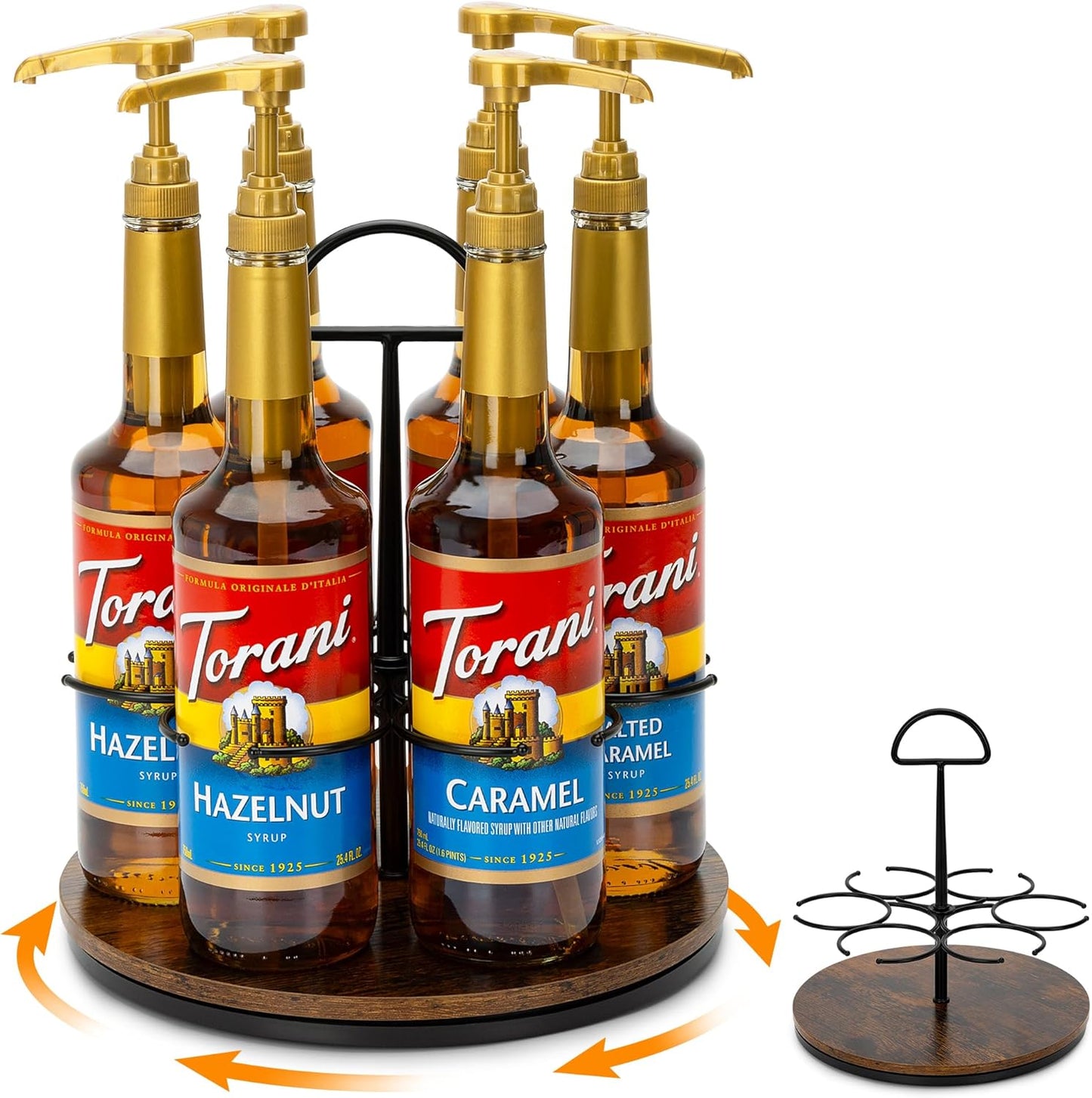 Rotating Coffee Syrup Organizer Hold 6 Bottles, Wood Coffee Syrup Rack for Countertop, Large Bottle Holder Stand for Bar Station, Turntable Wine Display Tray (Black - 6 Bottles)