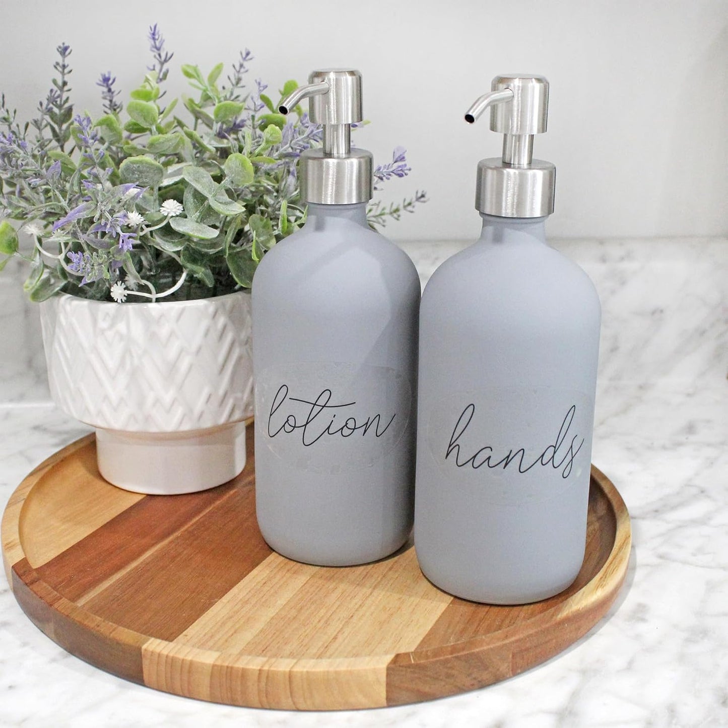 Cornucopia Brands 16oz Gray Pump Bottles (2-Pack); Gray Coated Glass Soap Dispenser Pump Bottles for Lotion, Hand Care & Liquid Soap