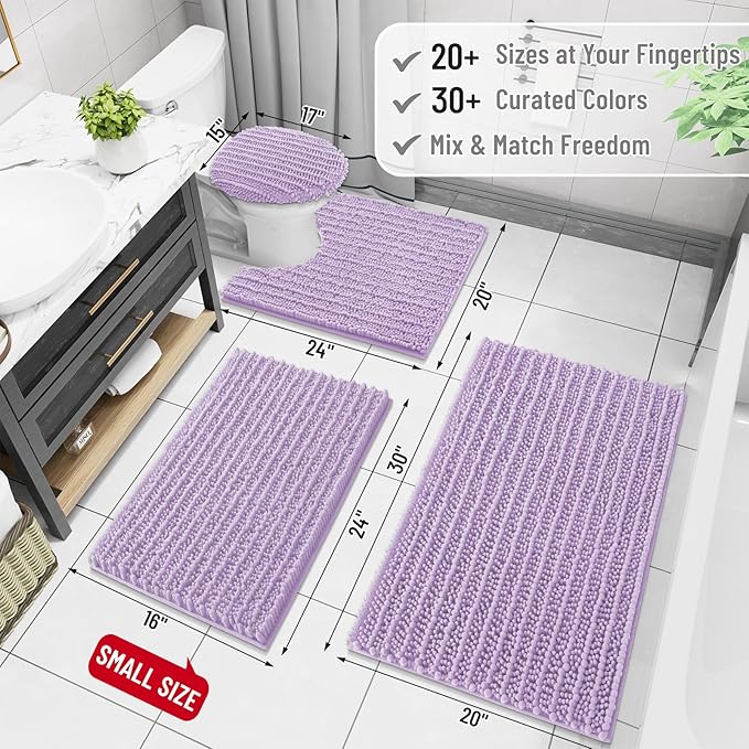 Arotive Luxury Chenille Bathroom Rug Mat, Extra Soft Thick Absorbent Shaggy Bath Rugs, Non-Slip Machine Wash Dry, Plush Bath Mats for Bathroom, Shower and Tub, 47x32, Light Purple