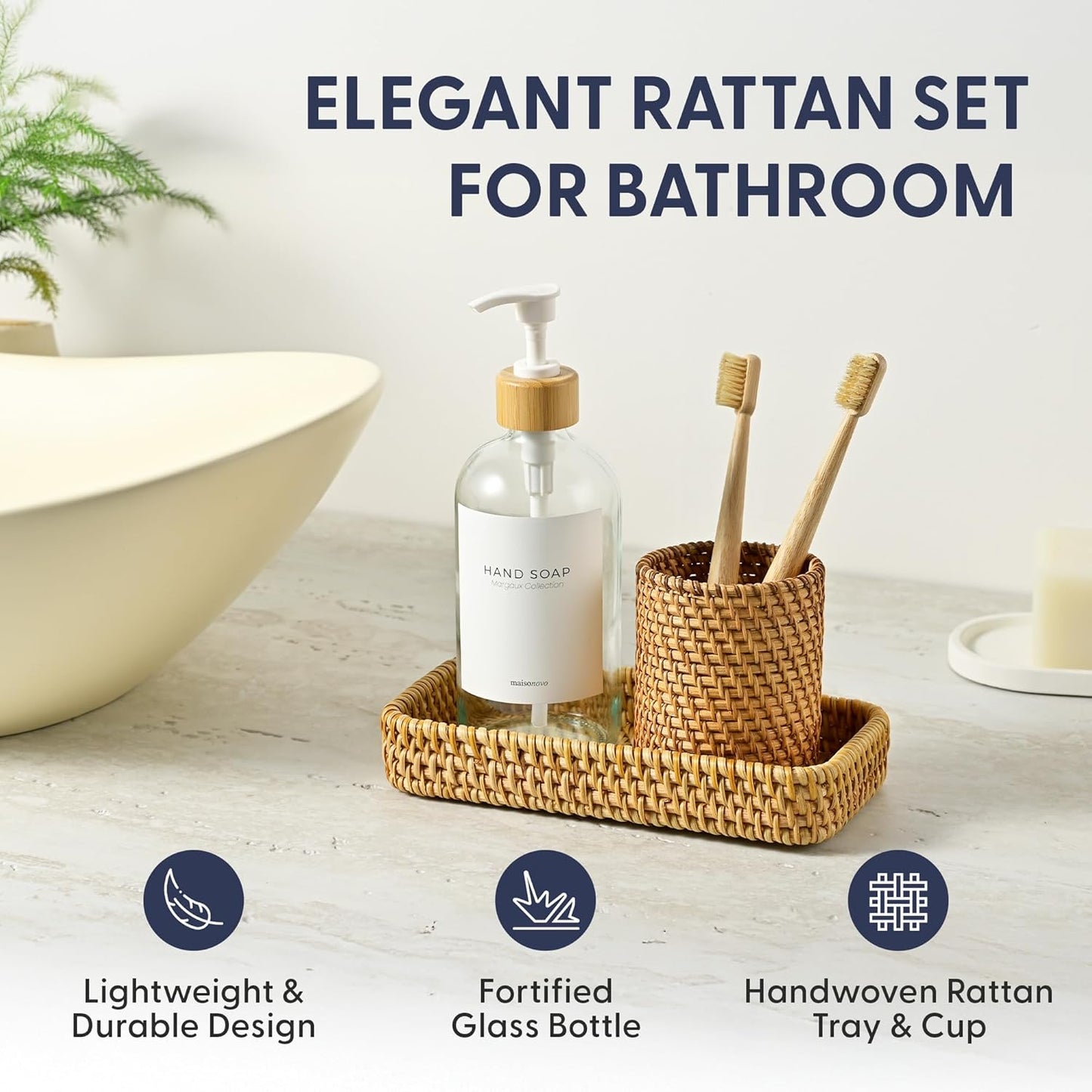 MaisoNovo Rattan Bathroom Set - Clear Countertop Dispenser, Toothbrush Holder & Toothpaste Cup with Tray - Set of 3 - Rattan Bathroom Vanity Trays Rectangle for Storage