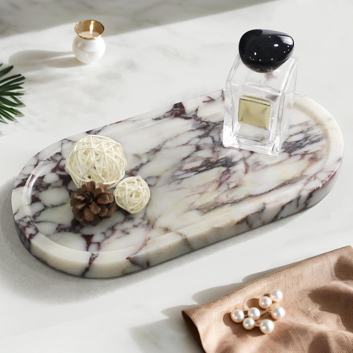 100% Real Natural Marble Tray for Bathroom, Luxury Calacatta Viola Stone Vanity Tray, Decorative Oval Trays for Countertop Storage Organizer, Dresser, Kitchen, Home Decor, 11.8" x 6", Purple