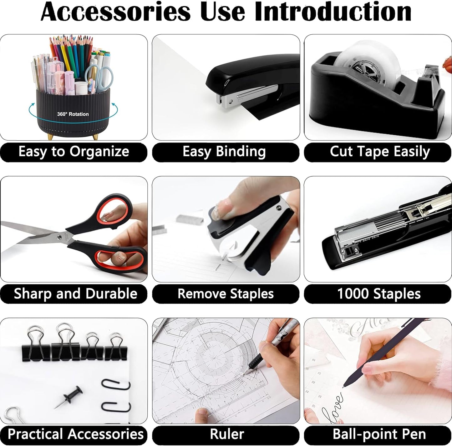 Office Desk Accessories, Black Office Supplies 360°Pen Holder Desk Organizers And Accessories with Tape Dispenser, Stapler, Staple Remover, 1000 Staples, Tape, Clips Set, Ruler, Scissor, Pen
