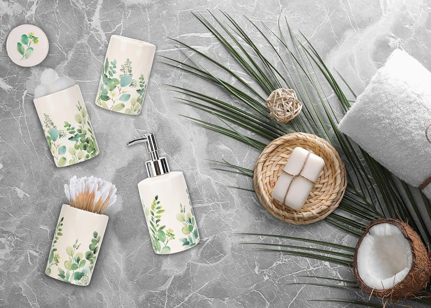 NAT & Jules Chic Modern Rounded 4.5 inch Ceramic Bathroom Accessories Set of 4 - Home Décor & Organization Perfect for Bath or Kitchen Household Essentials, Floral Greenery on Cream White